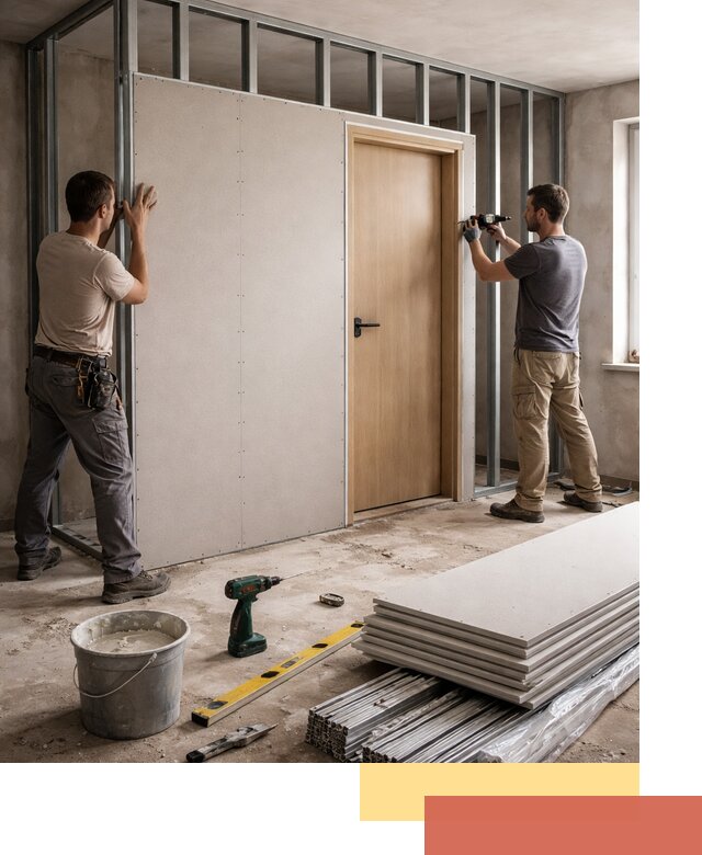 Перегородка из гипсокартона с дверью под ключ в Мурманске