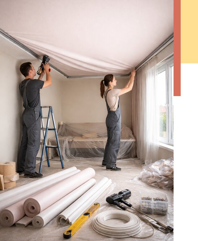 Монтаж цветного натяжного потолка в Мурманске от 4318 руб/м² — быстро и недорого | ОТДЕЛОЧНИК-Мрм