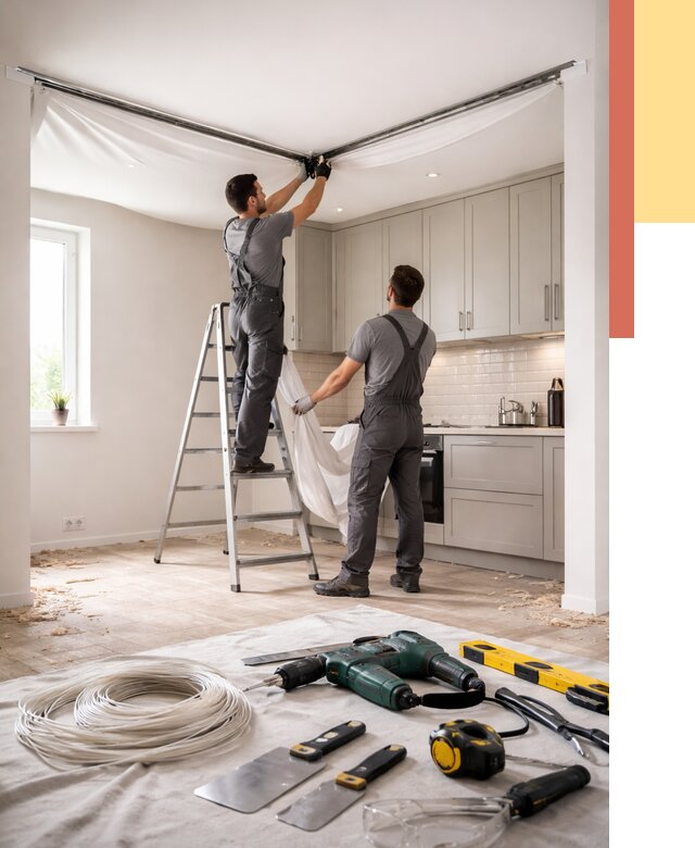 Установка натяжного потолка на кухне в Мурманске от 2468 руб. | ОТДЕЛОЧНИК-Мрм