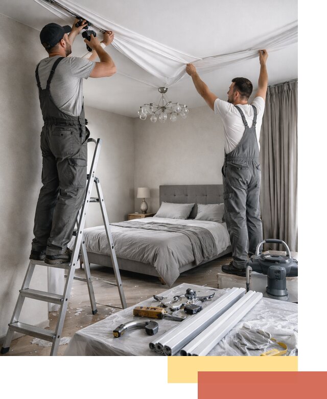 Монтаж натяжного потолка в спальне в Мурманске