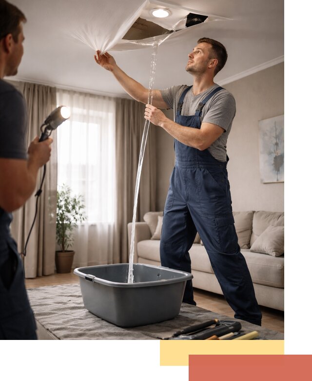 Слив воды с натяжного потолка в Мурманске быстро и аккуратно